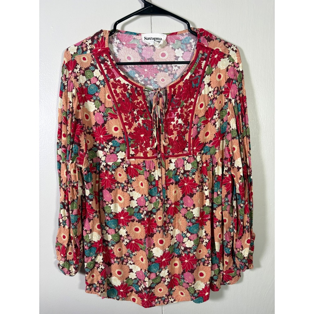 Savanna Jane Red Floral Embroidered Peasant Blouse Boho Top S Folk Retro Artsy